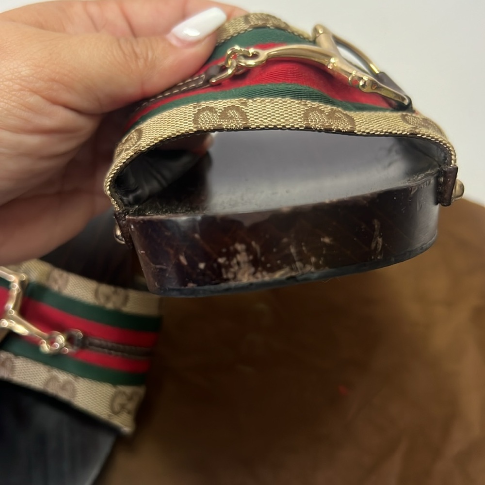 GUCCI Beige/Ebony GG Canvas Signature Web Icon Bit Wood Slide Clog Sandals - Picture 9 of 10